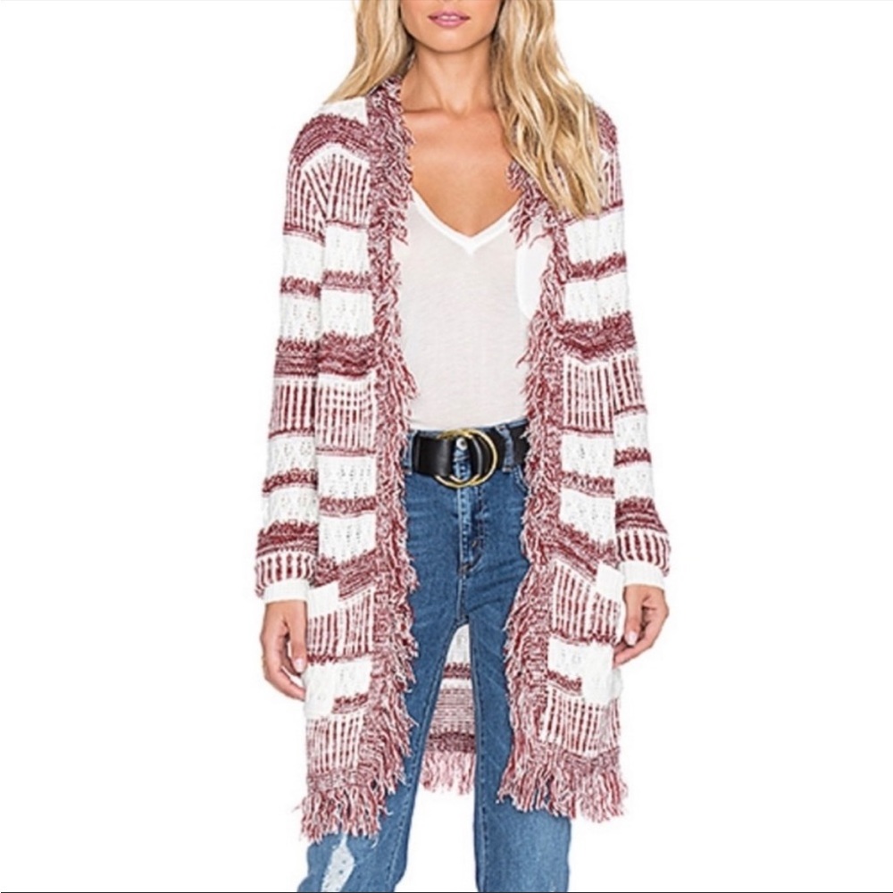 MinkPink Fringed Longline Open Front Sweater Cardigan Boho Western Size Small